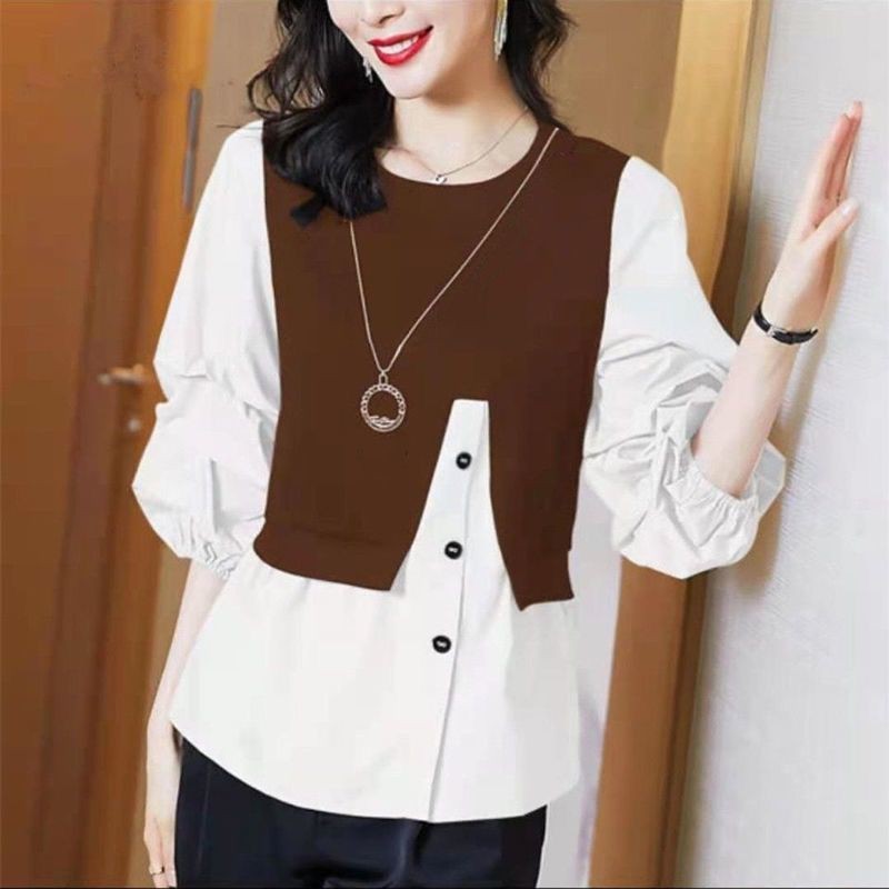 European station summer fat mm fake two-piece top shirt female design sense stitching fashion three-quarter sleeves plus size women's clothing