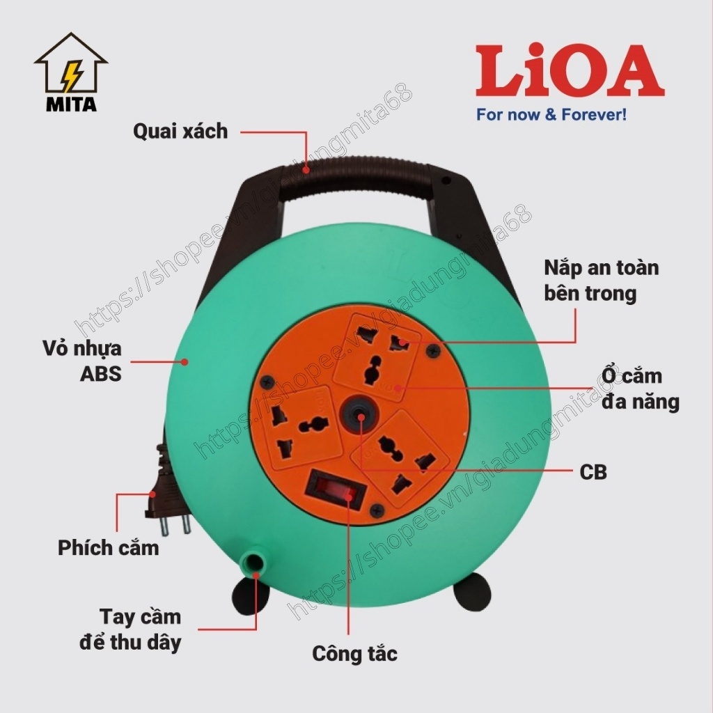 Ổ cắm điện LiOA kiểu xách tay dây dài 10m XTD10-2-10A/15A - MITA