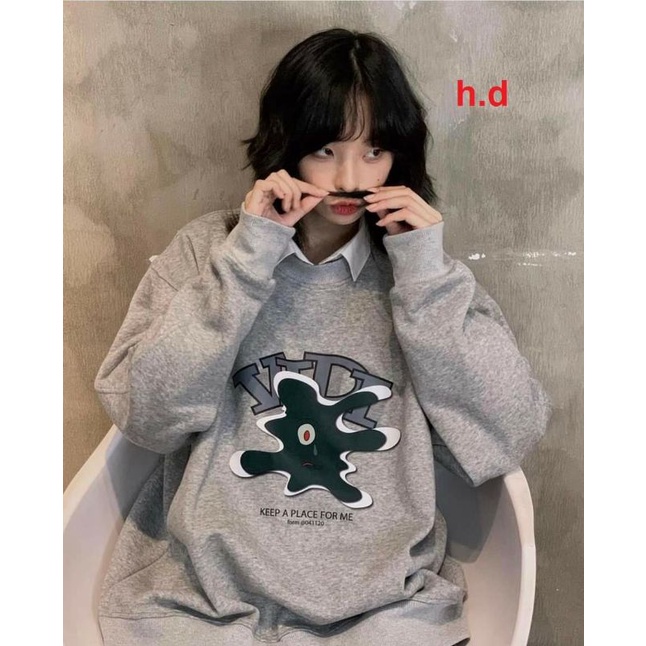 Áo Nỉ Zip Dài Tay Keep; Quả cầu in lưngSweater cổ tròn dài tay bồng, thun hoodie form rộng Ulzzang