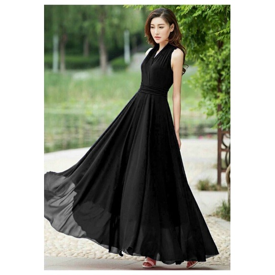 Đầm maxi xoè dáng dài cổ V eo xếp li cách điệu Lh0917399527