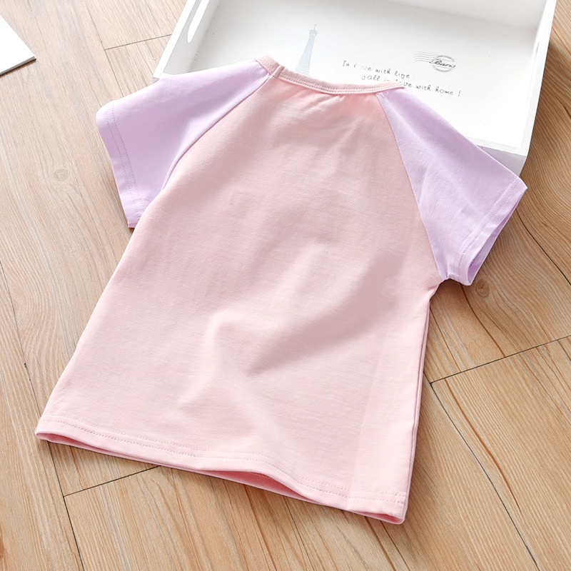 Áo Thun Tay Ngắn In Họa Tiết Hoạt Hình Màu Tương Phản Thời Trang Mùa Hè Cho Bé Gái