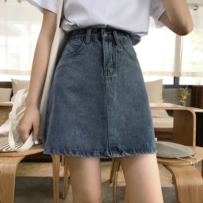 Chân váy jean denim ngắn chữ A Chân váy bò ngắn Lưng cao Hàn Quốc Thiết kế Retro Vintage Thời trang