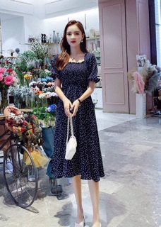 Đầm bi xanh rối cổ U (kèm hình thật)
