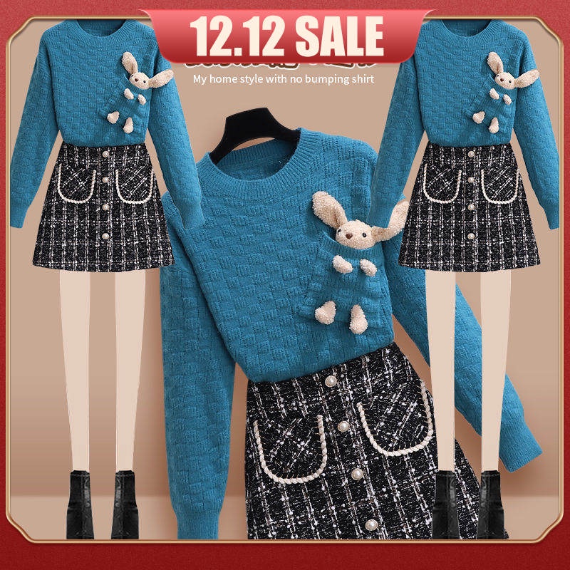 Bộ áo sweater + chân váy cỡ lớn thời trang thu đông mới 2021 cho nữ