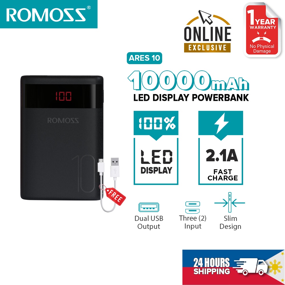 Sạc dự phòng ROMOSS Ares 10 10000mAh 10.5W 2 đầu vào có màn hình LED dễ cất vừa vặn