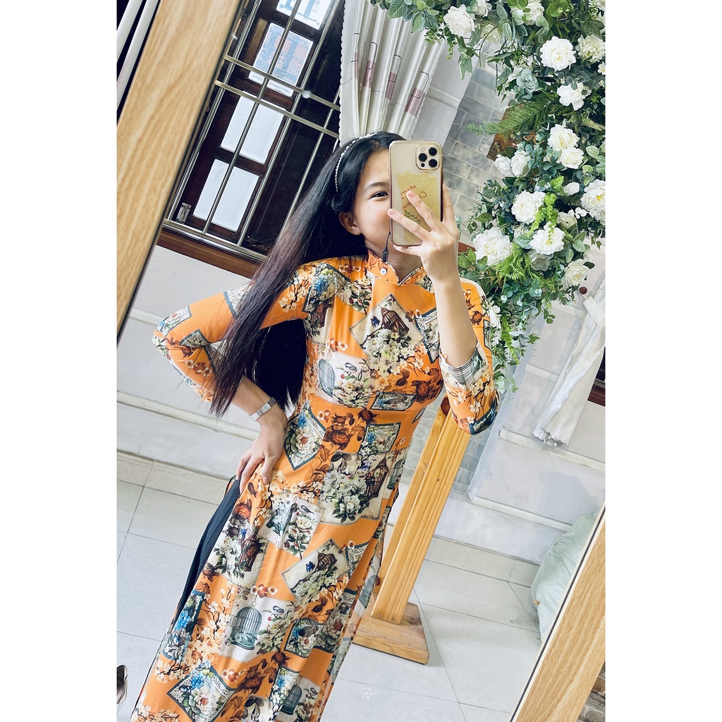 Áo dài hoa tím - Áo dài họa tiết lồng chim vintage