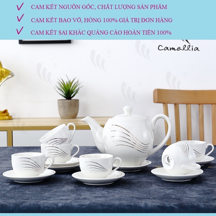 Bộ Ấm Chén Pha Trà Phong Cách Hàn Quốc Đẹp 100% Sứ Xương Camellia Mã 312