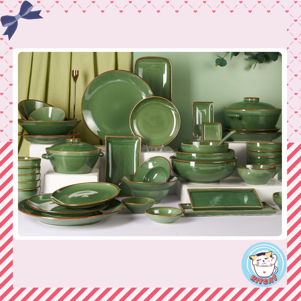 Bộ bát đĩa bàn ăn bằng sứ Olive cao cấp men bóng xanh lá thủ công KITCAT STORE - Vietnam Handicraft