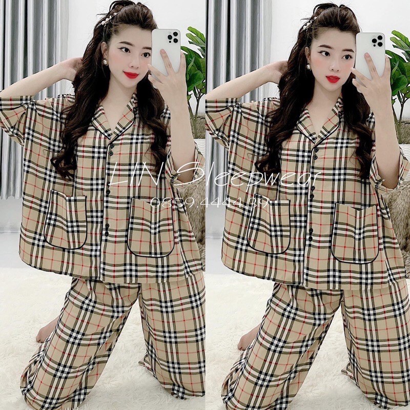 Pijama quần dài áo tay dơi lụa mango CAO CẤP sọc nâu cổ điển cho nàng 40-80kg