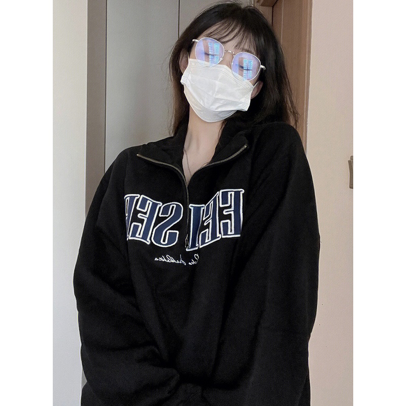 Áo sweater Nữ Tay Dài Màu Đen Phong Cách retro Mỹ