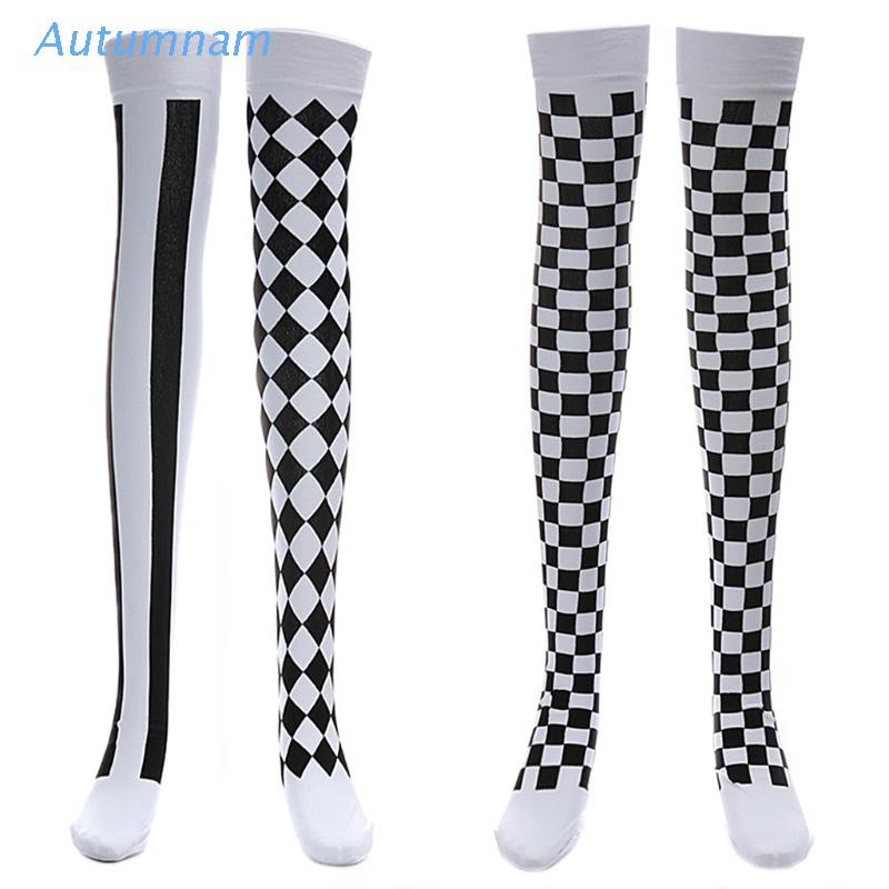 Tất Đầu Gối Hoạ Tiết Chú Hề Phối Màu Trắng Đen Phong Cách Halloween
