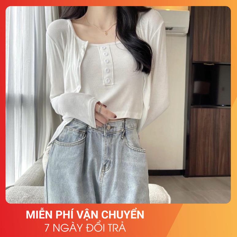 [Ảnh thật] Set Cardigan Áo 2 Dây Cúc [FREESHIP]  Bộ croptop thun tăm dài tay kèm khoác ngoài trơn màu Ulzzang