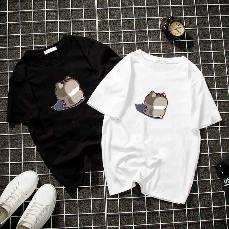 Áo thun unisex form rộng in mèo bụng bự chibi dễ thương vải dày mịn 2019T1106
