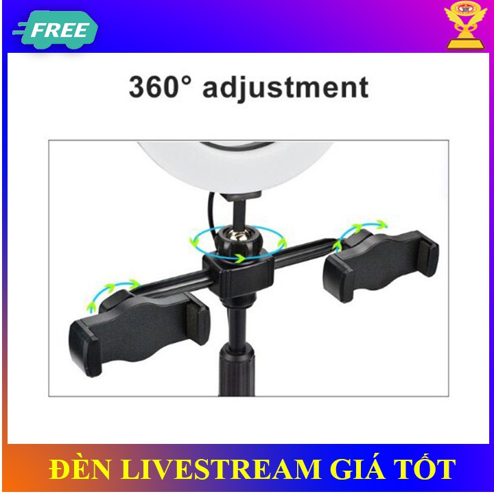 Đèn Livestream size 21cm và  giá đỡ 2 điện thoại Hỗ Trợ Chụp Ảnh Make up Trang Điểm 3 Chế Độ Sáng