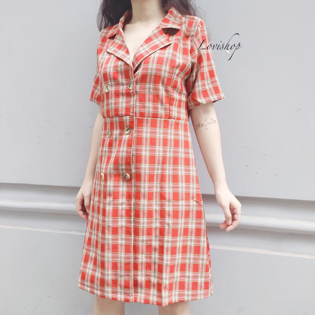 Đầm sọc caro cổ vest Lovi
