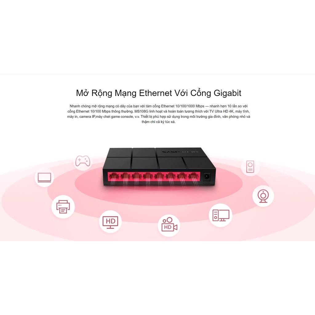 Bộ chia mạng Switch 8 cổng MERCUSYS MS108G 10/100/1000 Mbps - Hàng chính hãng