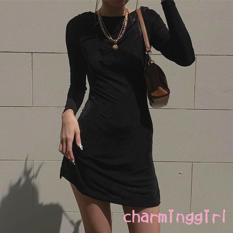 QAQ-Women´s backless solid color long sleeve round neck strap sexy dress | BigBuy360 - bigbuy360.vn