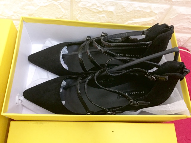 Giày gót vuông da lộn QC màu đen