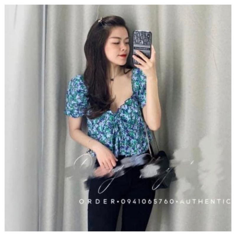 Áo hoa xanh nhún croptop hàng QCL1