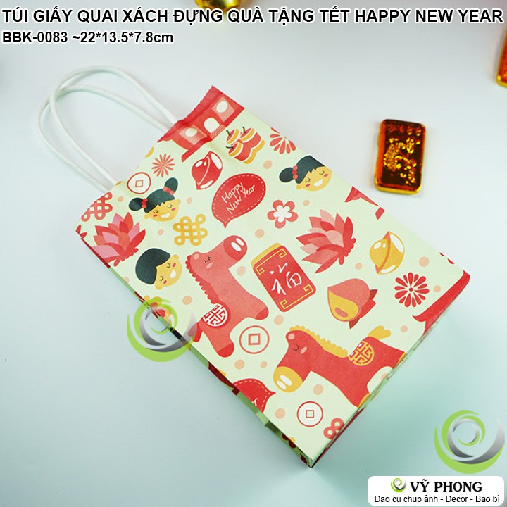 TÚI GIẤY CÓ QUAI XÁCH QUÀ TẶNG MỪNG TÂN XUÂN NĂM MỚI IN HÌNH CHÚ NGỰA HAPPY NEW YEAR BIẾU KHÁCH BBK-0083