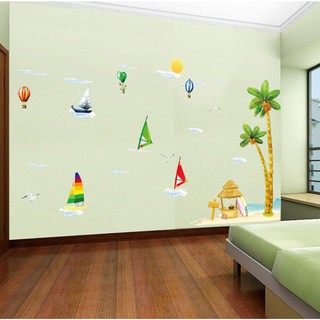 decal dán tường cây dừa và biển cả