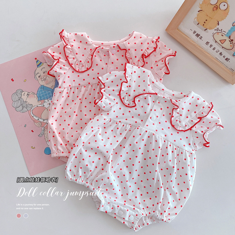 Áo Liền Quần Tay Ngắn Cổ Búp Bê Phối Ren Họa Tiết Chấm Bi Thời Trang Mùa Hè Dễ Thương Cho Bé Gái | BigBuy360 - bigbuy360.vn