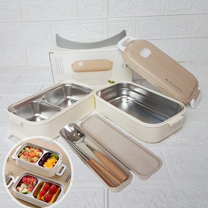 HCM - Hộp cơm giữ nhiệt chữ nhật 2 ngăn inox 304 Wooden kiểu Nhật kèm túi và hộp muỗng đũa cán gỗ cao cấp