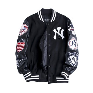 ÁO BOMBER MLB NY VẢI DẠ PHỐI TAY DA MÀU ĐEN