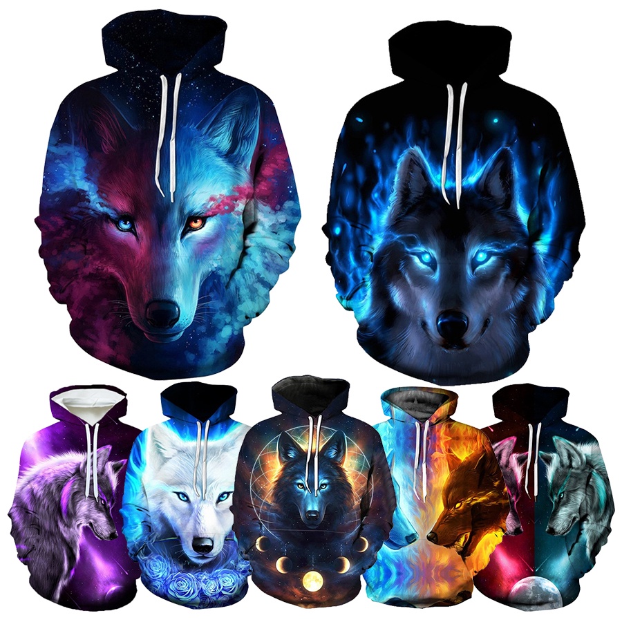 Áo Hoodie In Hình Sói 3D Thời Trang Harajuku Vui Nhộn Cho Nam Size XXS-4XL