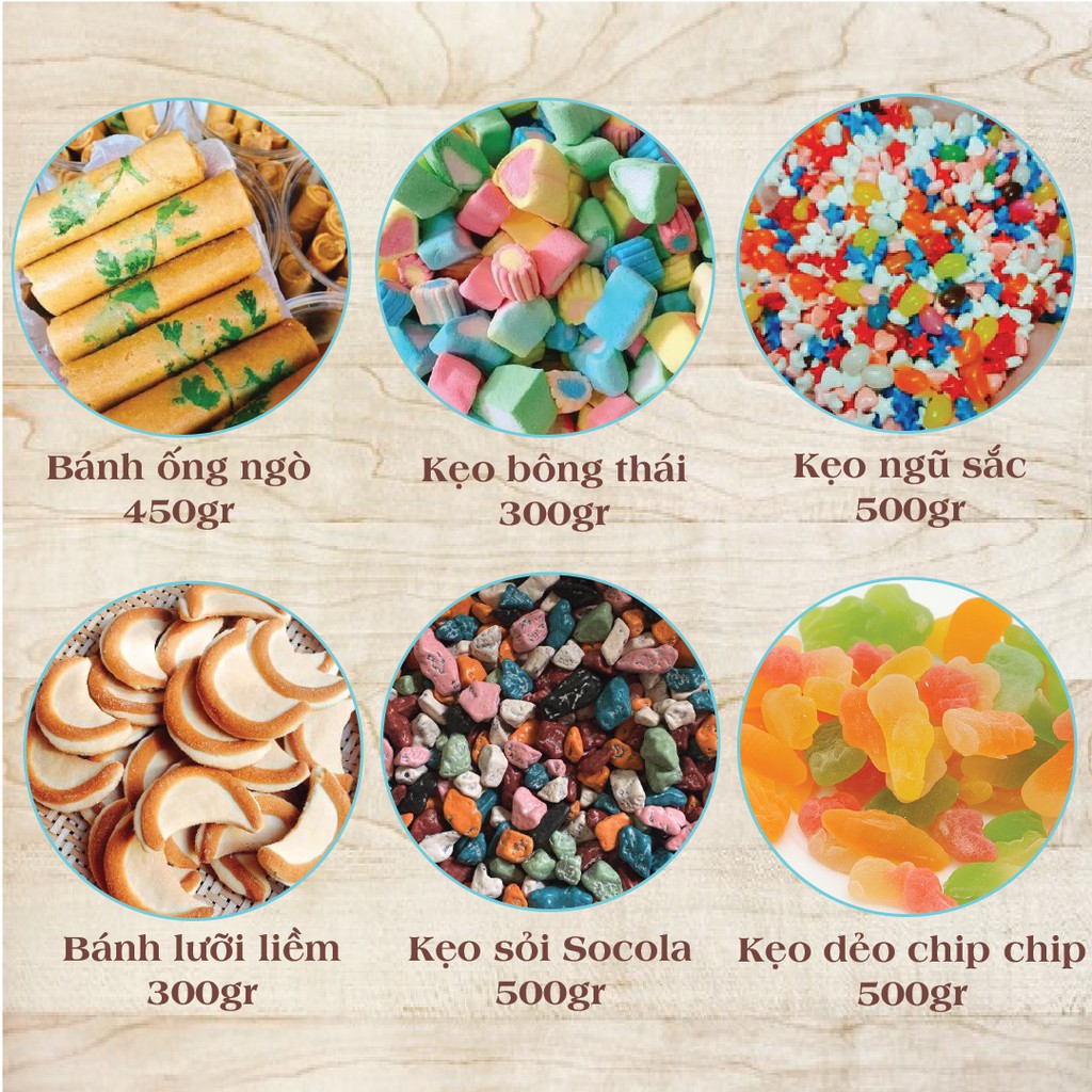 Tổng hợp 6 loại kẹo ăn vặt cho ngày Tết ngon gồm bánh ống ngò, kẹo bông, kẹo ngũ sắc, bánh lưỡi liềm và kẹo chip chip
