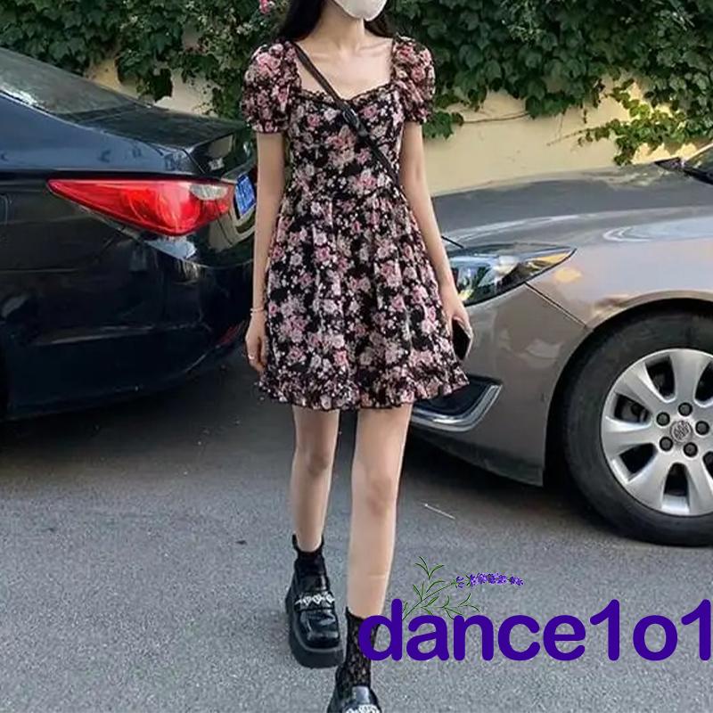 Đầm mini cổ vuông tay ngắn phồng eo cao thời trang mùa hè cho nữ