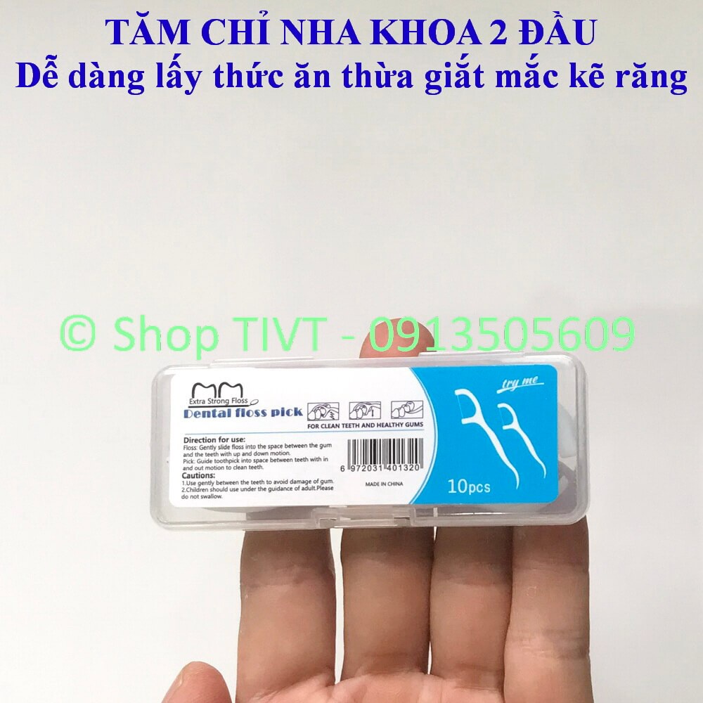 Tăm răng nhựa 2 đầu: đầu tăm và đầu chỉ nha khoa để vệ sinh chân răng, bề mặt răng, lấy ra thức ăn giắt khe kẽ răng-TIVT