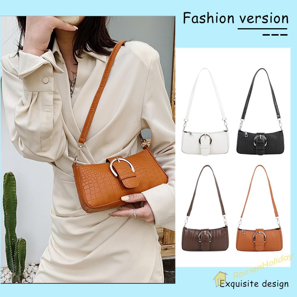 【On Sale】Vintage Women Alligator Pattern Pure Color PU Shoulder Underarm Bag Handbag