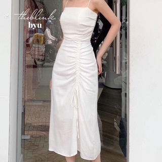 Đầm trắng rút dây hông