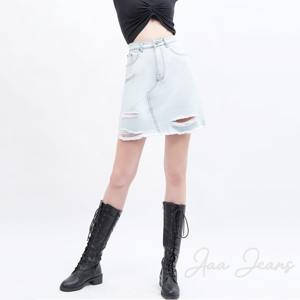 Chân Váy Jean Aaa Jeans Lưng Cao Rách Xanh Phấn | BigBuy360 - bigbuy360.vn
