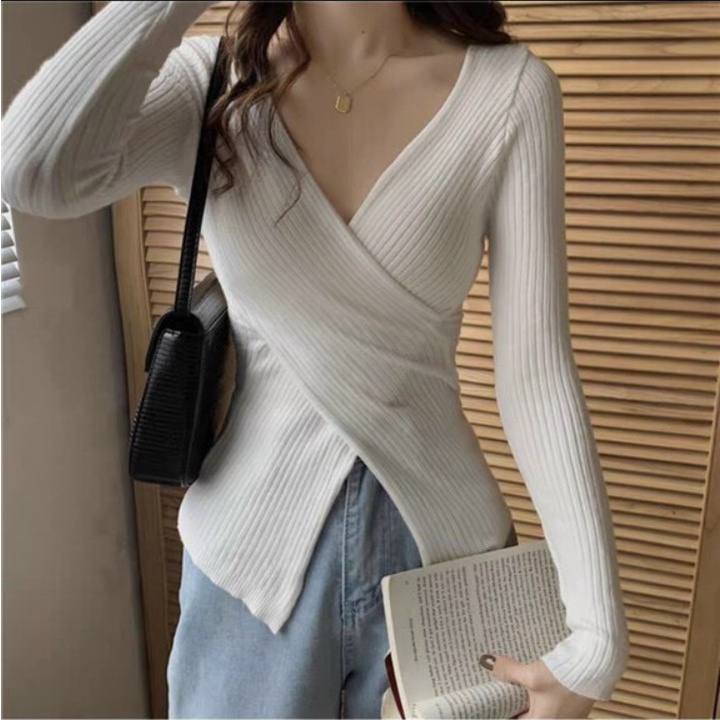 Áo thun nữ thân đáp chéo tay dài chất thun gân - 5 màu