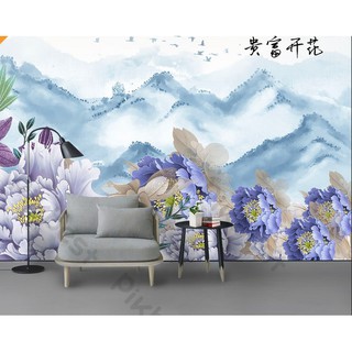 Tranh dán tường Phong thủy hoa mẫu đơn cẩm chướng cổ điển, Tranh 3d dán tường hiện đại (tích hợp sẵn keo)  MS995337