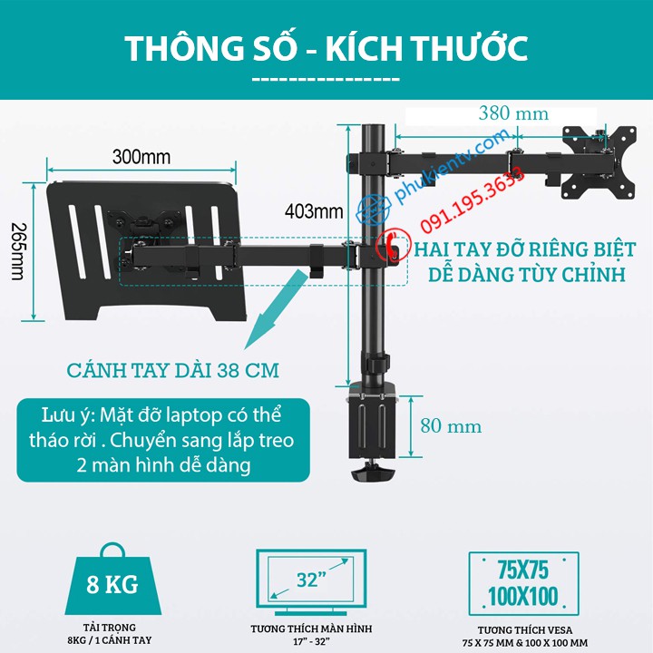 Giá Treo Màn Hình 17 - 32 Inch Kèm Giá Đỡ Laptop 10 - 17 Inch ErgoTek EZ4 - Tay 38 Cm [ Cao Cấp Hơn M074 / M076 ]