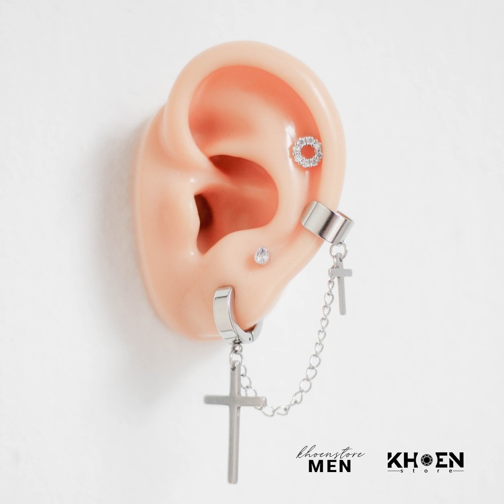 (1 Chiếc) Khuyên Thánh giá xích kẹp vành earcuff đen và bạc - Khoen Store