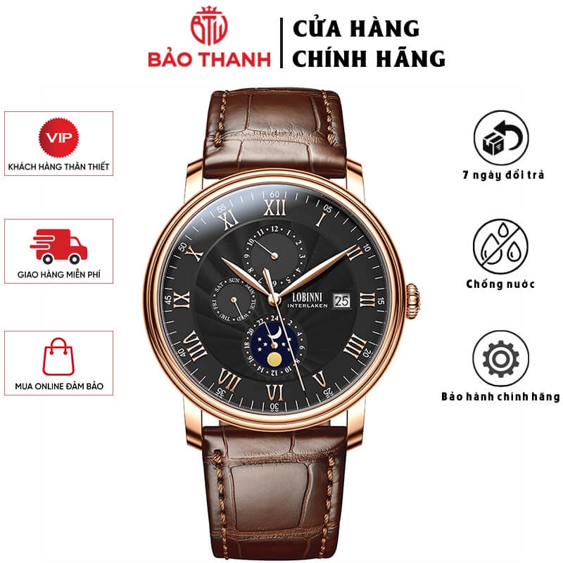 Đồng Hồ Nam LOBINNI No.1023-1 Chính Hãng BH 24T Chịu Nước 50m Kính Chống Xước Dây Da Cao Cấp (Máy Cơ Tự Động 40h)