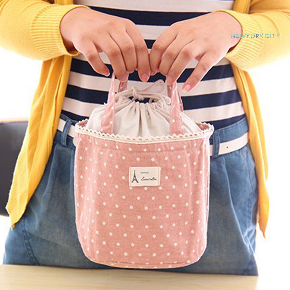 Túi Đựng Cơm Trưa Cách Nhiệt Bằng Vải Cotton Lanh Họa Tiết Chấm Bi Có Dây Rút