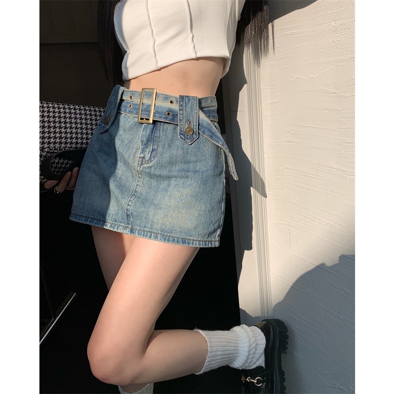 QADCOL Quần short jean giả váy chữ A lưng thấp thời trang