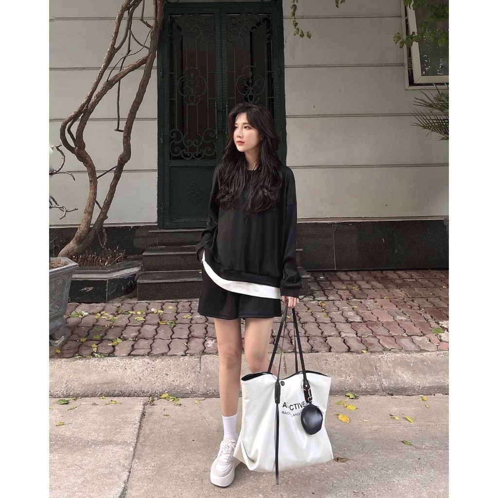 Áo Sweater Trơn Basic Nam tay dài form rộng unisex nam nữ vải thun da cá dày dặn