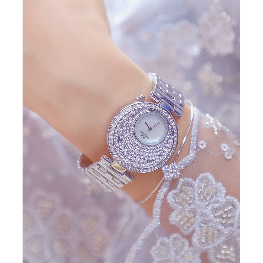 Đồng hồ đeo tay, đồng hồ nữ dây kim loại chính hãng BEE SISTER siêu sang, đính kim cương nhân tạo, cực kỳ đẳng cấp