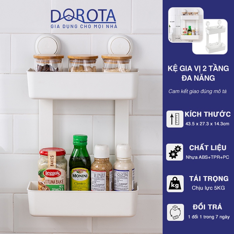Kệ gia vị 2 tầng đa năng DOROTA gắn tường nhà tắm Spice Rack cao cấp không cần khoan tái sử dụng AW635