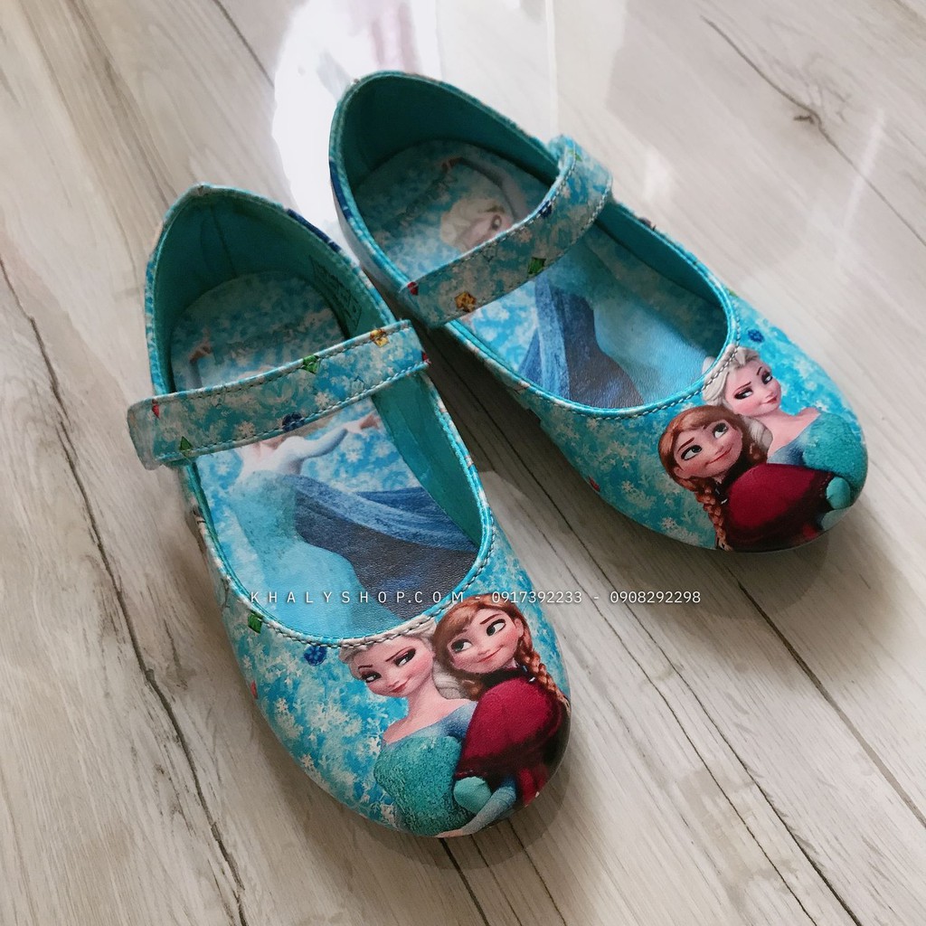 Giày bít, giày búp bê có quai cho bé gái hình công chúa Anna, Elsa (Frozen) màu xanh siêu xinh size 28 (Korea)- GBBFZX28