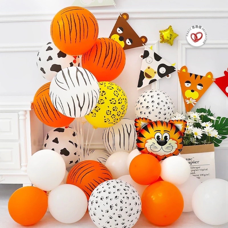 Set 10 bóng họa tiết da báo, hổ vằn, chó đốm, bò sữa, ngựa vằn trang trí sinh nhật chủ đề rừng xanh, động vật