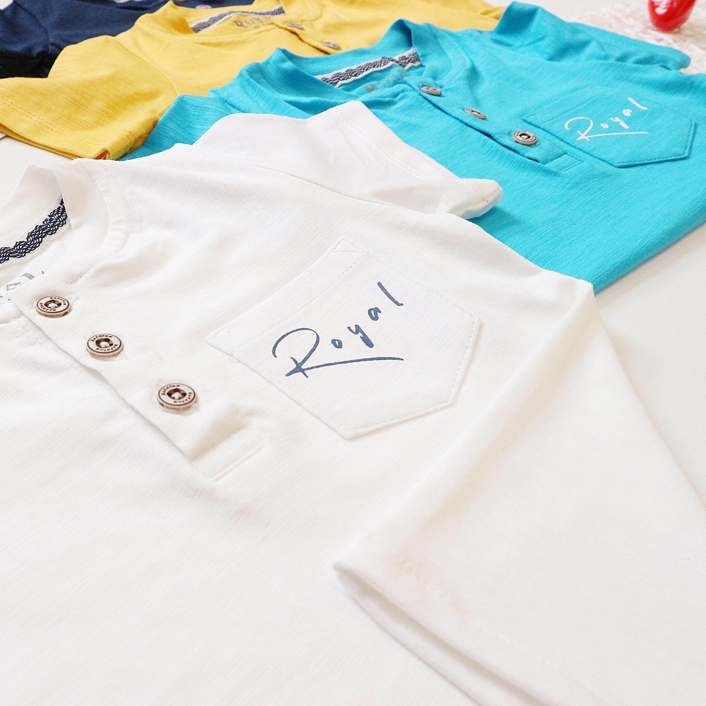 Áo thun cộc tay cổ trụ cho bé trai chất 100% cotton cao cấp in logo trên túi áo cho bé trai từ 7 25kg