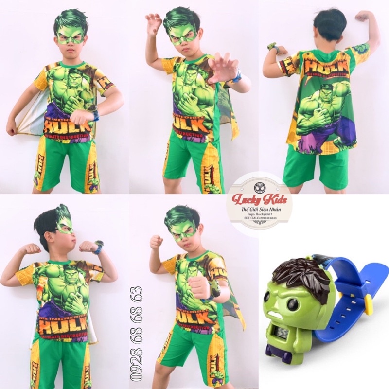 KÈM ĐỒNG HỒ / Bộ quần áo siêu nhân khổng lồ xanh kèm choàng mặt nạ - Đồ siêu nhân hoá trang samkids
