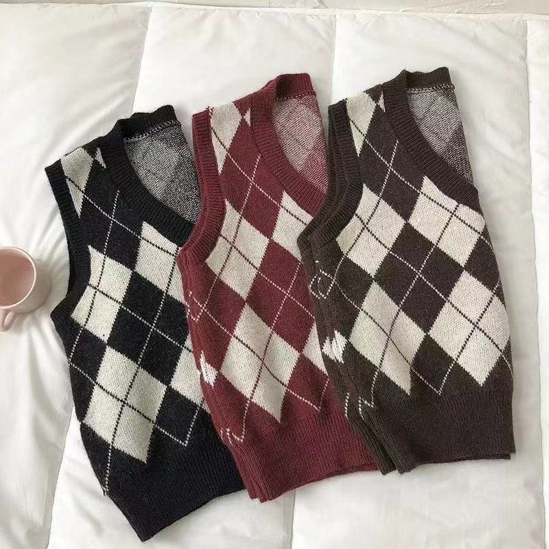 Áo Sweater dệt kim không tay cổ chữ V họa tiết sọc caro thời trang mùa xuân 2021 cho nữ | BigBuy360 - bigbuy360.vn